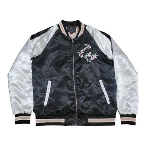 Haute Monde Black Satin Bomber Jacket with Floral Embroidery